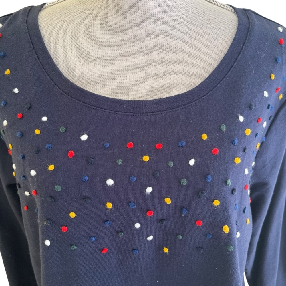 CJ Banks Navy Blue Cotton Scoop Neck Tee with Multi-Color Embroidered Dots - Picture 2 of 9